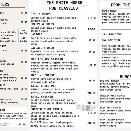 Starters, Pub Classics, From the Grill, and Burgers