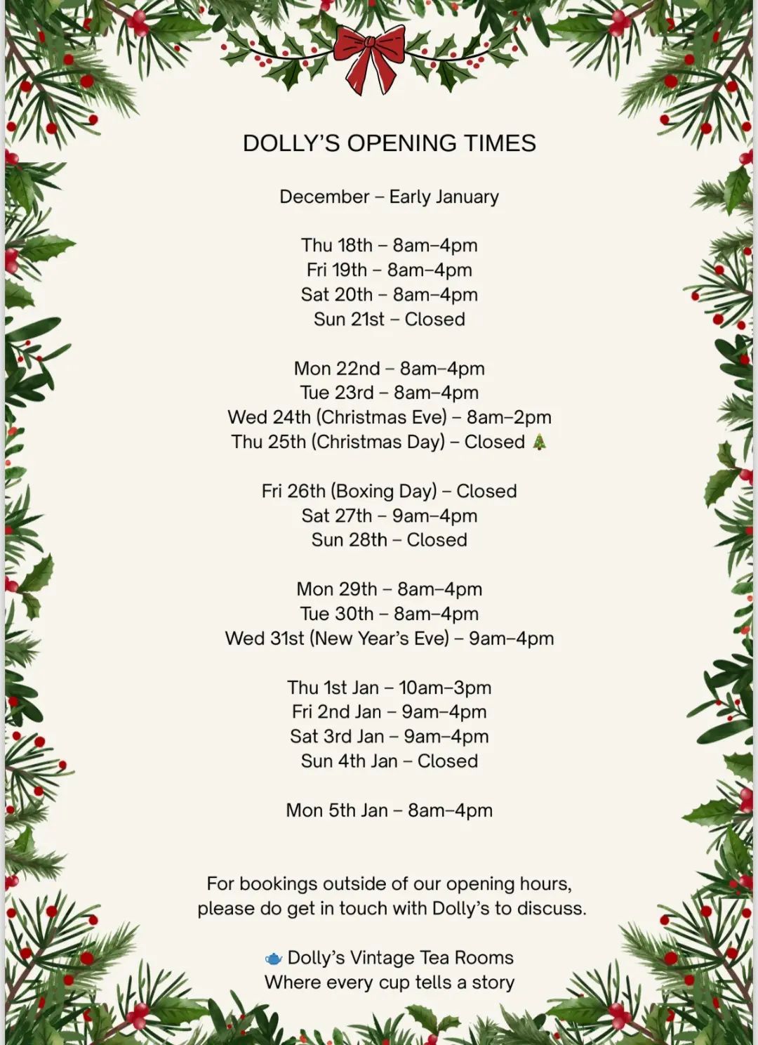 Dolly's Vintage Tea Rooms Christmas Hours